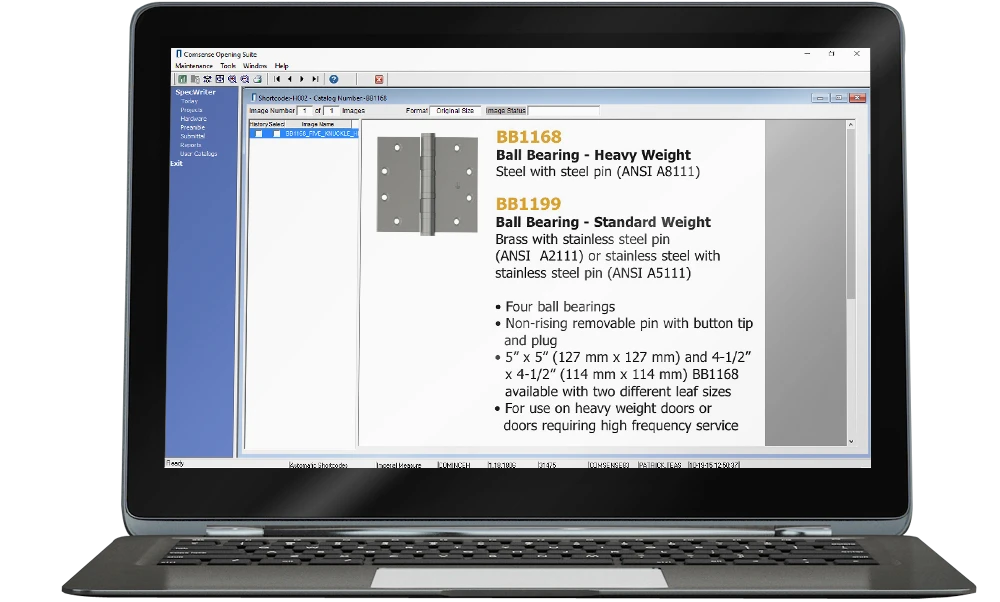 Comsense Specwriter software on a laptop generating architectural hardware specifications