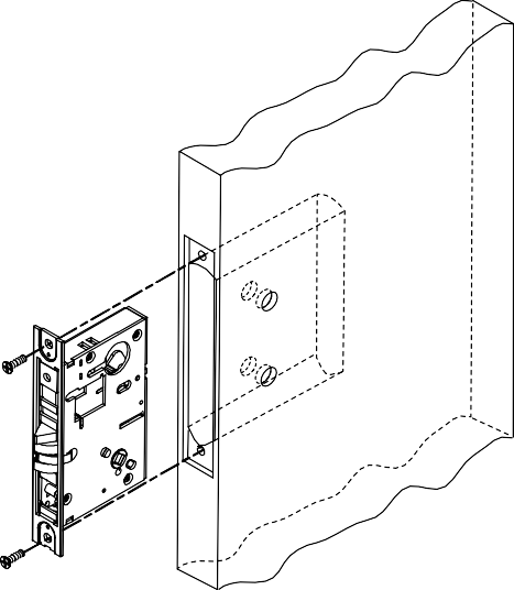 Exploded diagram of a mortise lock fitting into a door