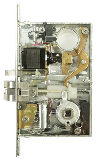 SDC 7700 Series labeled diagram: motorized latch retraction and solenoid control
